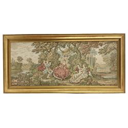 Large French machine woven tapestry, depicting courting couples donning ornate dress in garden setting, housed in gilt frame, W182cm H88cm