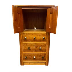 Cherry wood cabinet, fitted with double cupboard over two short and two long drawers, with faux drawer facias