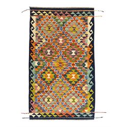 Chobi Kilim flatweave rug, dark navy ground with a vibrant multicoloured diamond lattice, ...