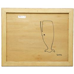 Steve Camps (Cornish 1957-): 'Burts Bathtime with Sid Looking On', oil on panel signed, dated 2024 verso 34cm x 44cm
Notes: Cornish artist Steve Camps, a retired builder turned painter in 2023, creates charming naïve-style whale paintings framed in antique finds, quickly gaining acclaim and commanding high prices through Sailors Jail Gallery in Falmouth