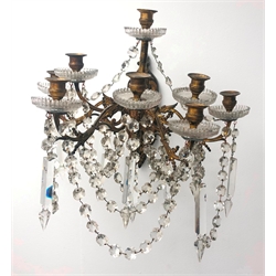  Early 20th century gilt metal eight branch wall light with neoclassical design glass sconces and prism glass drops, H34cm  