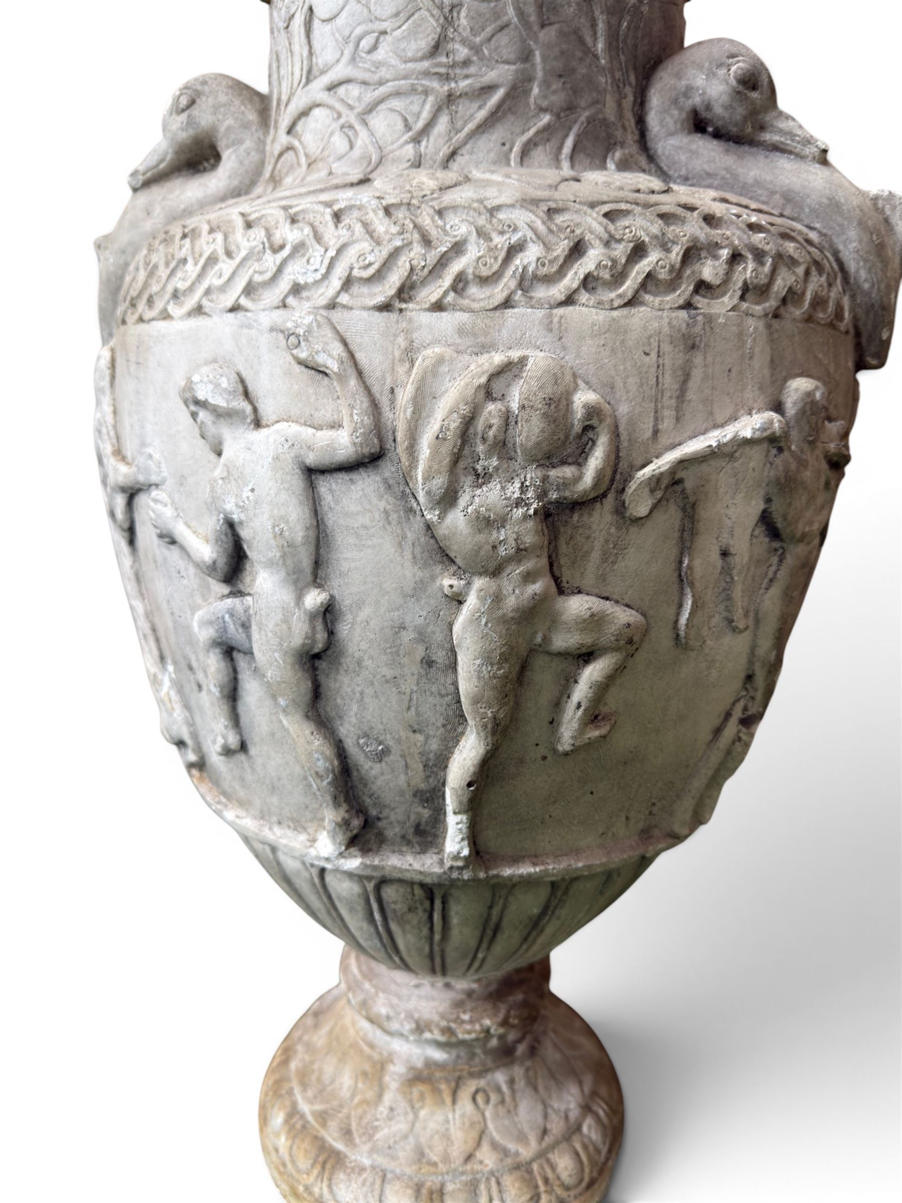 Early 20th century painted plaster classical urn, detailed with swan necks and mythical scenes