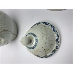 18th century Phillip Christian Liverpool reeded and floral moulded tea wares, comprising coffee pot, tea bowl and saucer, and coffee cup and saucer, each detailed with foliate and trellis borders, teapot H25cm, tea bowl D7.5cm, saucer D13cm 