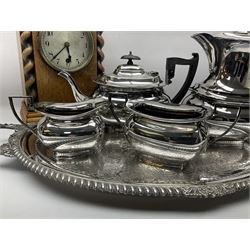 Walker and Hall silver plated tea set, comprising coffee pot, teapot, milk jug and sucrier, together with silver plated tray and a wooden clock with barley twist decoration, clock H28cm