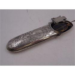 Victorian silver hip flask, of oval form, with engraved foliate and scroll decoration, and monogrammed shield shaped cartouche to centre, with plain collar and cap, H11cm, hallmarked Chester 1899, maker's mark worn and indistinct, together with an Edwardian silver glasses case, of oval form, with engraved foliate and scroll decoration, and monogrammed circular shaped cartouche to centre, with opening to top, revealing velvet lined interior, with silver shield clip, H17.5cm hallmarked to case and clip Sanders & Hill,  Birmingham 1908, with a pair of gold plated glasses 