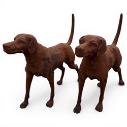 Pair of life-size heavy cast iron garden Hunting dogs