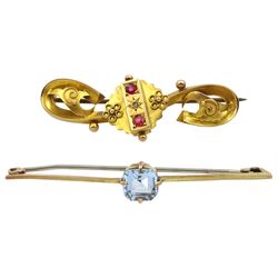 Edwardian gold pink stone and diamond scroll design brooch with applied floral decoration, Chester 1904 and a gold single stone blue stone bar brooch, both stamped 9ct