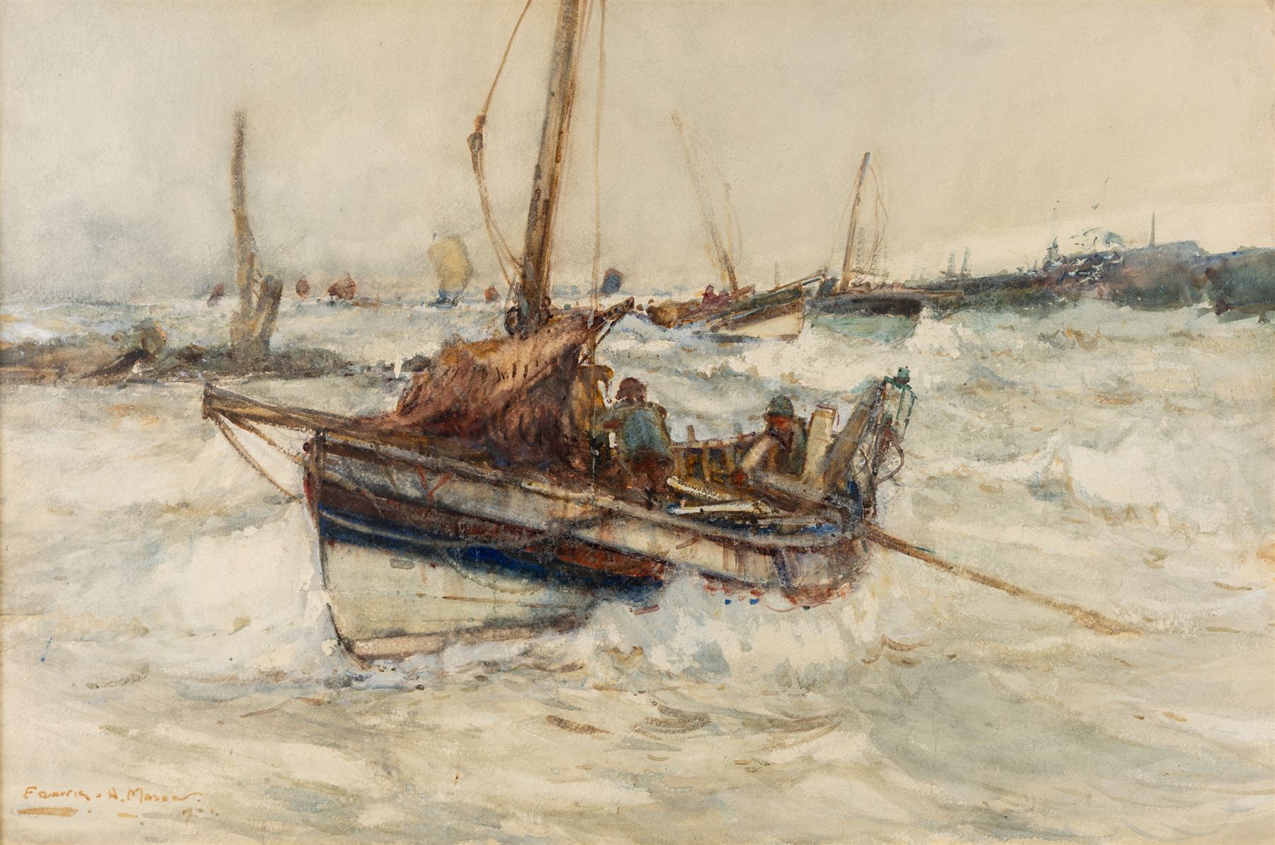 Frank Henry Mason (Staithes Group 1875-1965): 'A Perilous Coble', watercolour laid on to canvas signed and dated 1901, titled on the stretcher verso 49cm x 75cm