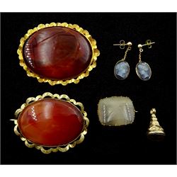 Pair of 9ct gold carved oval onyx cameo pendant stud earrings, three agate brooches, one with gold mount and a gold hardstone fob