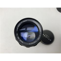 Asahi Pentax S1a camera body, serial no. 707071, with 'Super-Takumar 1:1.8/55' lens, serial no 2124044, together with Asahi Pentax Sv camera body, no. 1925617 with 'Super-Takumar 1:2/55' lens, serial no. 2770153, Asahi Pentax Meter, 'Super-Takumar 1:3.5/28' lens, serial no. 2075492 and 'Super-Takumar 1:4/150' lens, serial no. 1461613  