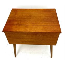 Mid century teak work box, single hinged lid, turned tapering supports