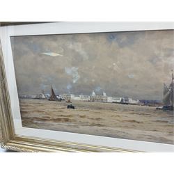 Thomas Bush Hardy RA RBA (British 1842-1897): Shipping on the Thames at 'Greenwich', looking towards the Royal Naval College, watercolour signed titled and dated 1885, 39cm x 101cm
