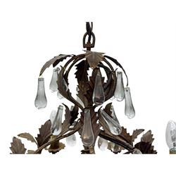 20th century distressed gilt tole chandelier, with six curved leaf clasped scrolling arms and frame, hung with lustre drops, approximately H50cm