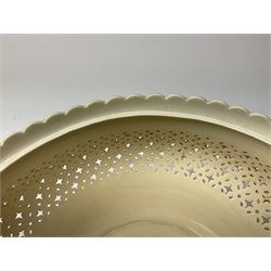 Large 20th century Leeds pottery basket and cover, of bulbous form with pierced detail and twin rope handle, with impressed mark beneath, H23cm D25cm