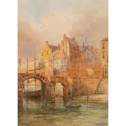 Thomas Swift Hutton (British 1860-1935): 'Tin Ghaut - Whitby', George Percy Bankart (British 1866-1929): ‘River Esk at Whitby’, Edith F Hillier (British 19th/20th Century): ‘The Market Place – Whitby'; together with other Whitby related watercolours variously signed and titled max 36.5cm x 26.5cm (6)
