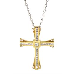 18ct yellow gold princess cut and round brilliant cut diamond cross pendant by Hugh Rice, hallmarked, total diamond weight approx 3.60 carat, on 18ct white gold chain stamped 750