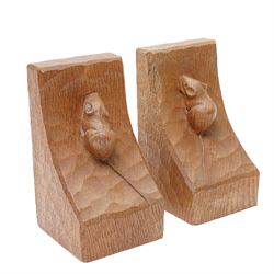 Mouseman - pair of adzed oak bookends with carved mouse signature H15cm by the workshop of Robert Thompson, Kilburn