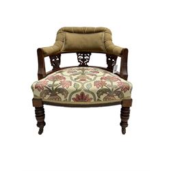 Late Victorian walnut framed upholstered tub chair