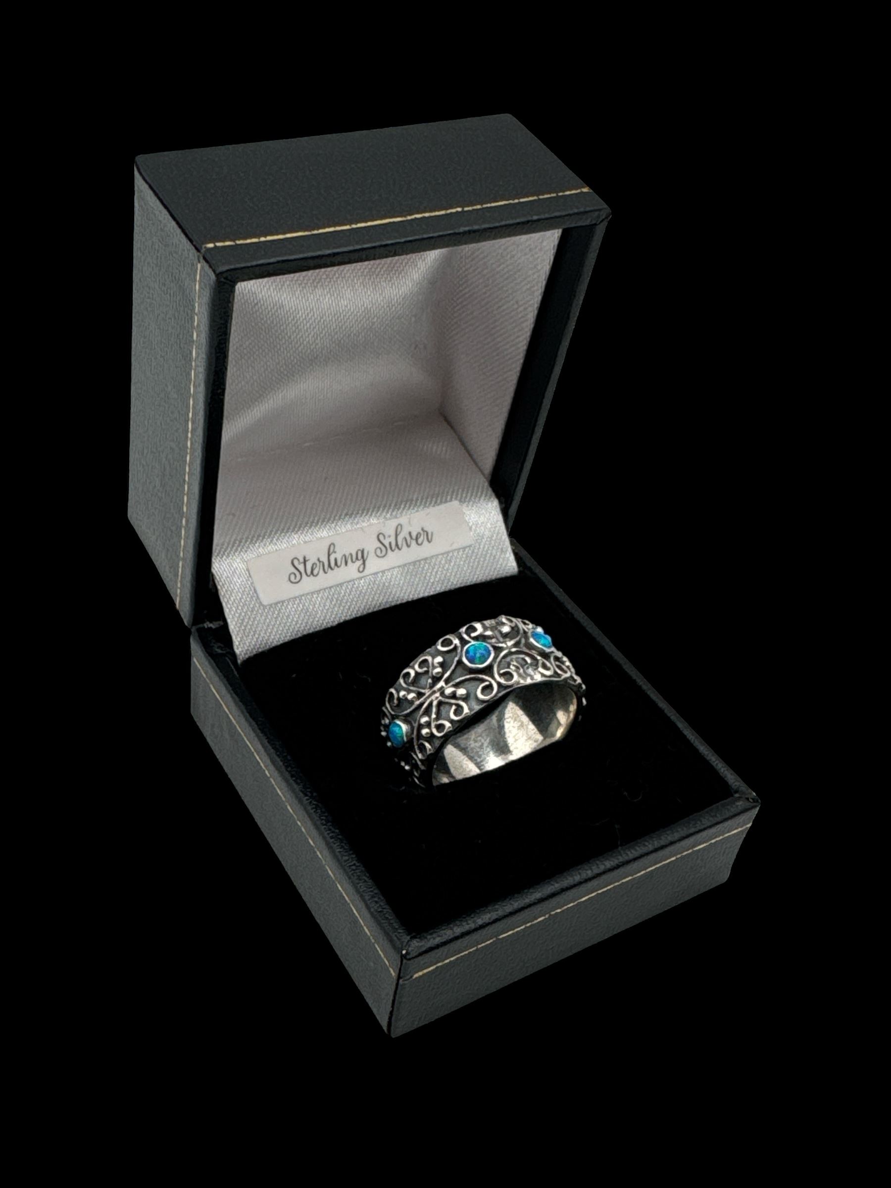 Silver opal filigree band ring, boxed