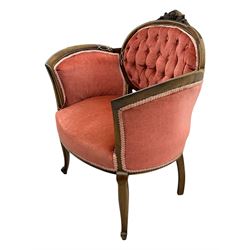 Edwardian inlaid rosewood parlour suite, comprising pair of tub shaped armchairs (W77cm, D69cm, H88cm); and matching two-seat sofa (W112cm, D69cm, H88cm), each with carved crest rails with shell motifs, deep button-tufted oval backs upholstered in pink fabric with braid trim, on cabriole supports