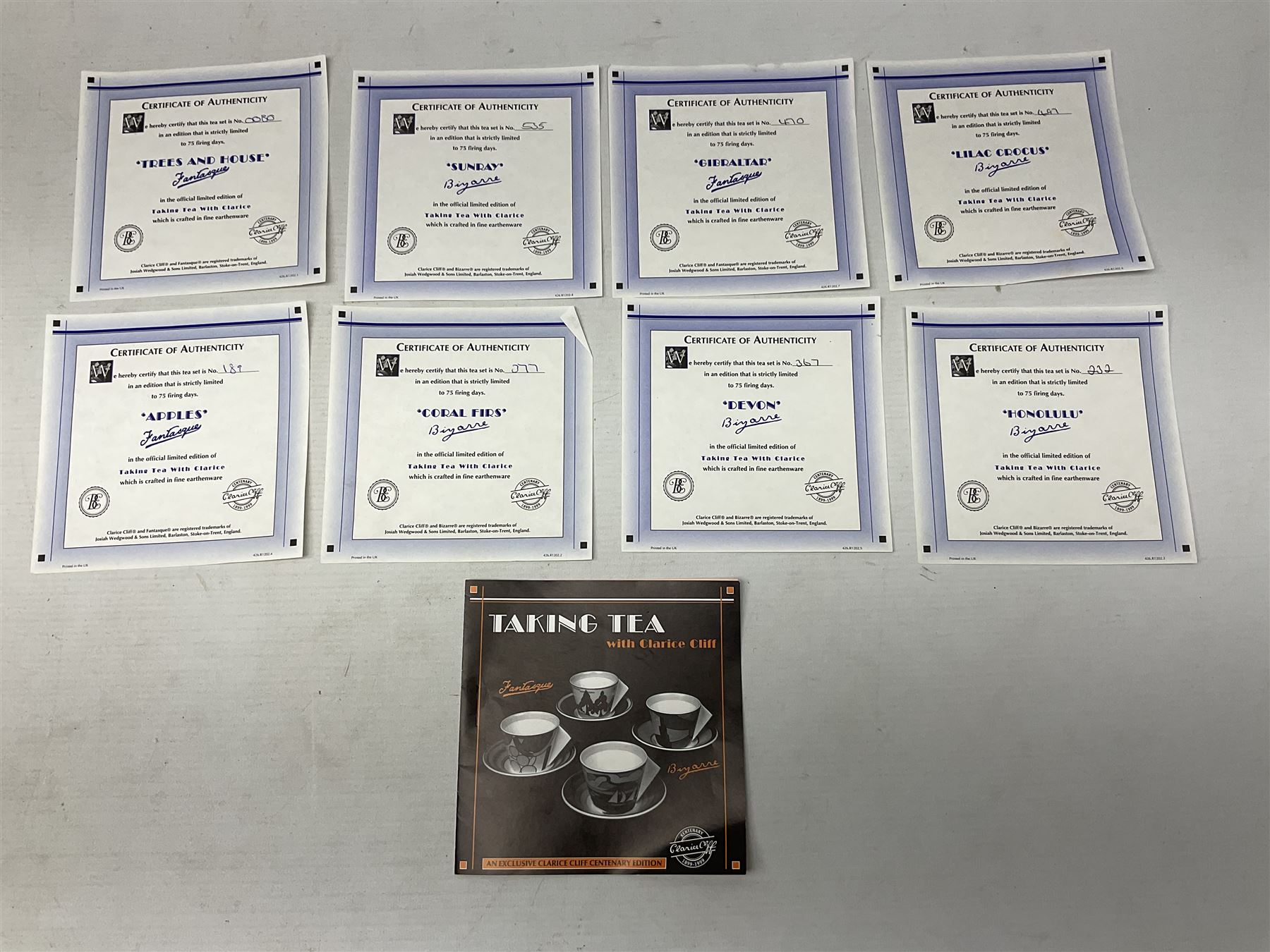 Wedgwood limited edition Clarice Cliff Design Taking Tea collection, comprising eight cups and saucers Honolulu, Apples, Gibraltar, Lilac Crocus, Trees and House, Coral Firs, Devon, and Sunray, with certificates of authenticity 