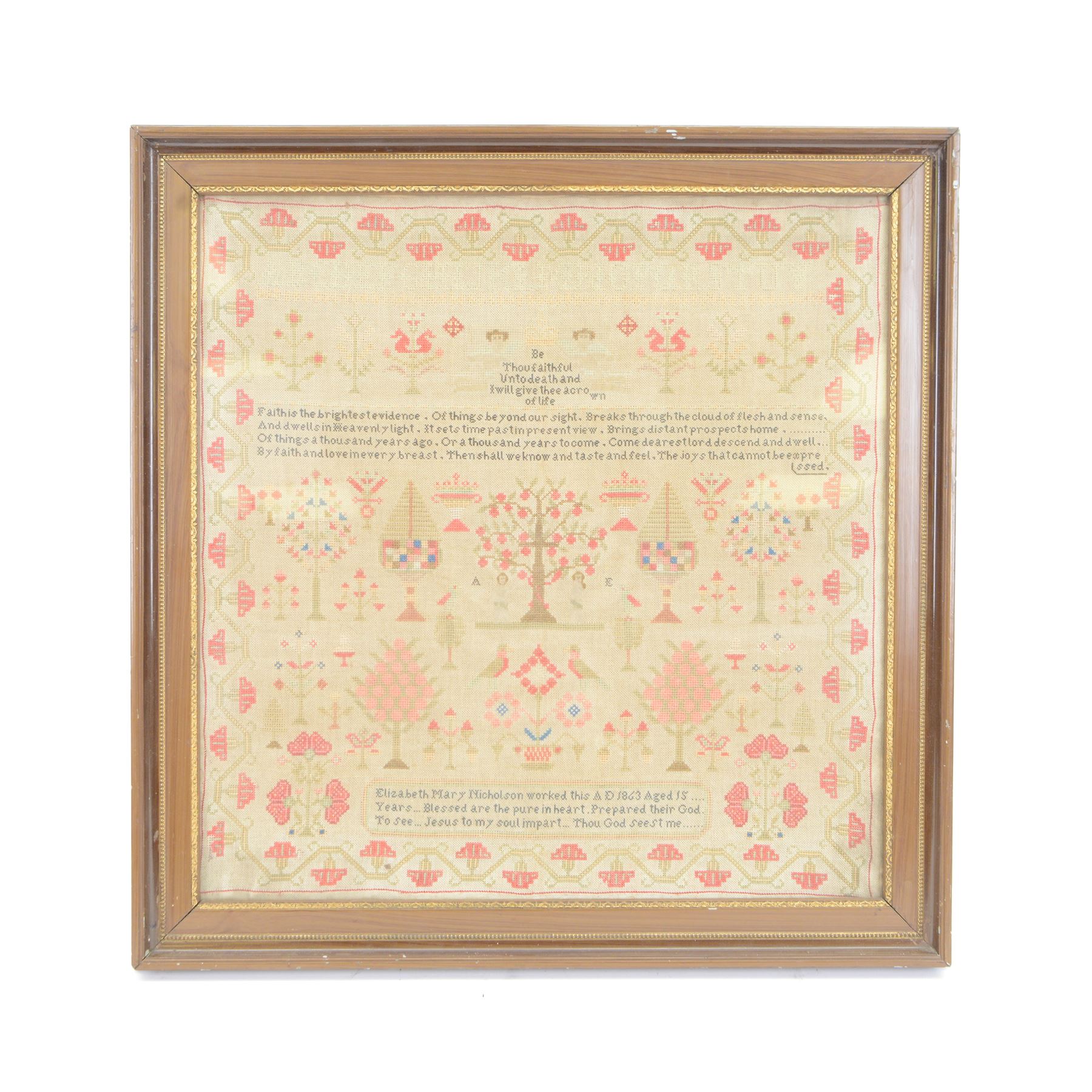 Victorian sampler by Elizabeth Mary Nicholson aged 15, dated 1863, worked with religious verse 'Be Thou faithful Unto death and I will give three a crown of life. Faith is the brightest evidence Of things beyond our sight, Breaks through the cloud of flesh and sense And dwells in Heavenly light. it sets time past time present view. Brings distant prospects home,... Of things a thousand years ago. Or a thousand years to come. Come dearest lord descend and dwell... By faith and love in every breast. then shall we know and taste and feel. The joys that cannot be expressed... Blessed are the pure in hearts. Prepared their God to see... Jesus to my soul impart.. Thou God seest me...', worked with various motifs including Adam and Eve flanking the tree of life entwined with the serpent, angels, birds, flowering urns, and trees, within a flowering vine border, in lacquered frame, overall H67cm W65.5cm