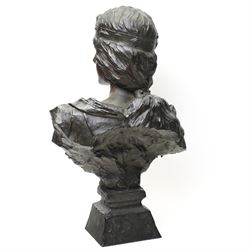 Emmanuele Villanis (French 1858-1914): Large Art Nouveau bronze bust 'La Sibylle' circa 1900, titled on the integral socle base and signed 'E.Villanis' in cast with 'Societe Des Bronzes De Paris' inset foundry mark and 'J.P 2888', H72cm
Notes: La Sibylle evokes the prophetic priestesses of classical antiquity, recalling the Cumaean Sibyl consulted by Aeneas in Virgil’s Aeneid