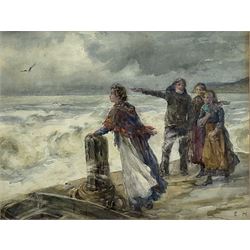 Ethel Hall (British exh.1894-1940): Figures on a Jetty, watercolour signed with initials 24cm x 31cm