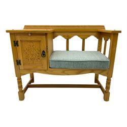 Light oak telephone table, with cupboard, upholstered seat