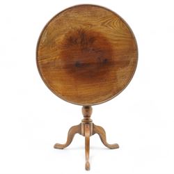George III mahogany tripod table, circular dished tilt-top with moulded edge on cage action, baluster turned pedestal with three splayed supports 