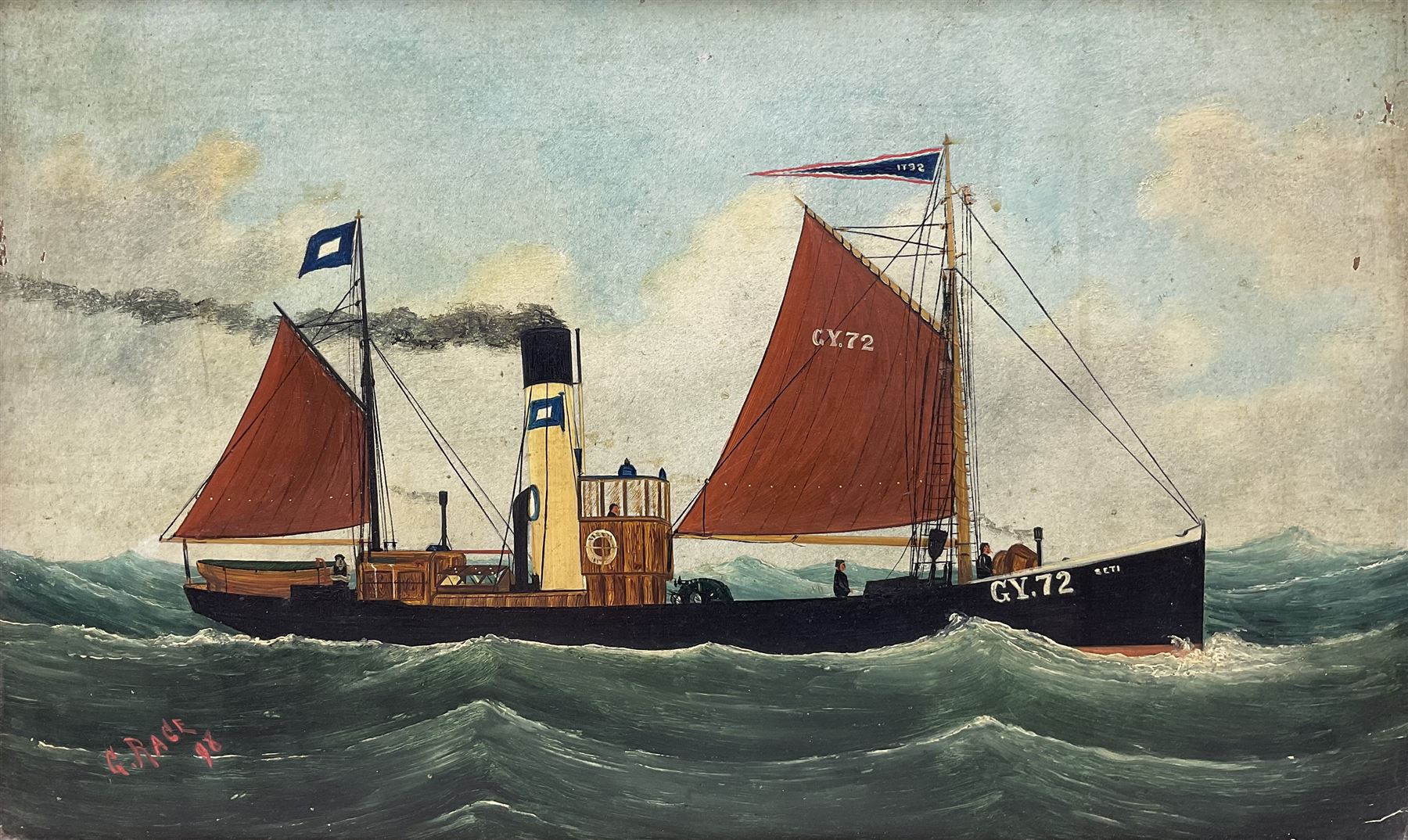 George Race (British 1877-1959): Grimsby Trawler 'Seti' at Sea, oil on board signed and dated '98, 27cm x 44cm