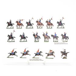 Seventeen German Zinnfiguren hand-painted flat metal French Dragons with Lances, mounted o...