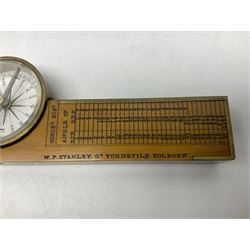 Late 19th/early 20th century boxwood and brass clinometer rule by Stanley, with inset magnetic compass, screw action protractor hinge divided to one degree with rise in inches per yard scale under, spirit level to one edge, marked 'W.F. Stanley Great Turnstile Holborn' with tables of distances, angles and thickness H16cm closed: in original leather covered case with instructions