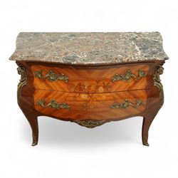 French Louis XV revival bombe commode, early 20th century, with variegated marble top above two drawers inlaid with floral marquetry, gilt metal rococo handles and mounts, kingwood and tulipwood veneers laid in chevron and quartered patterns, on cabriole supports with gilt sabots