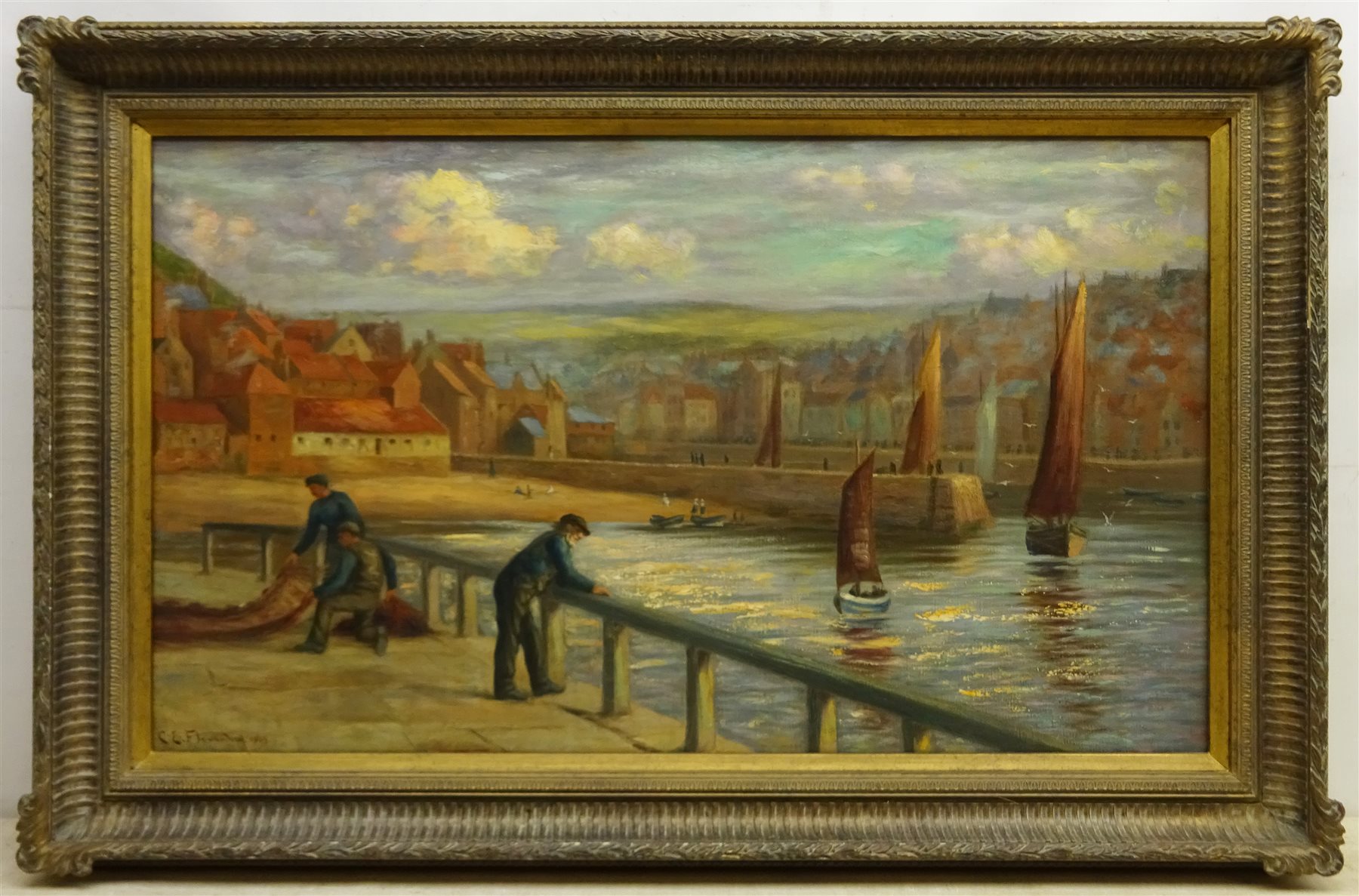 Charles E Flowerdew (British exh.1885): Whitby Fishermen on the East Pier, oil on canvas signed and dated 1903, 49cm x 83cm