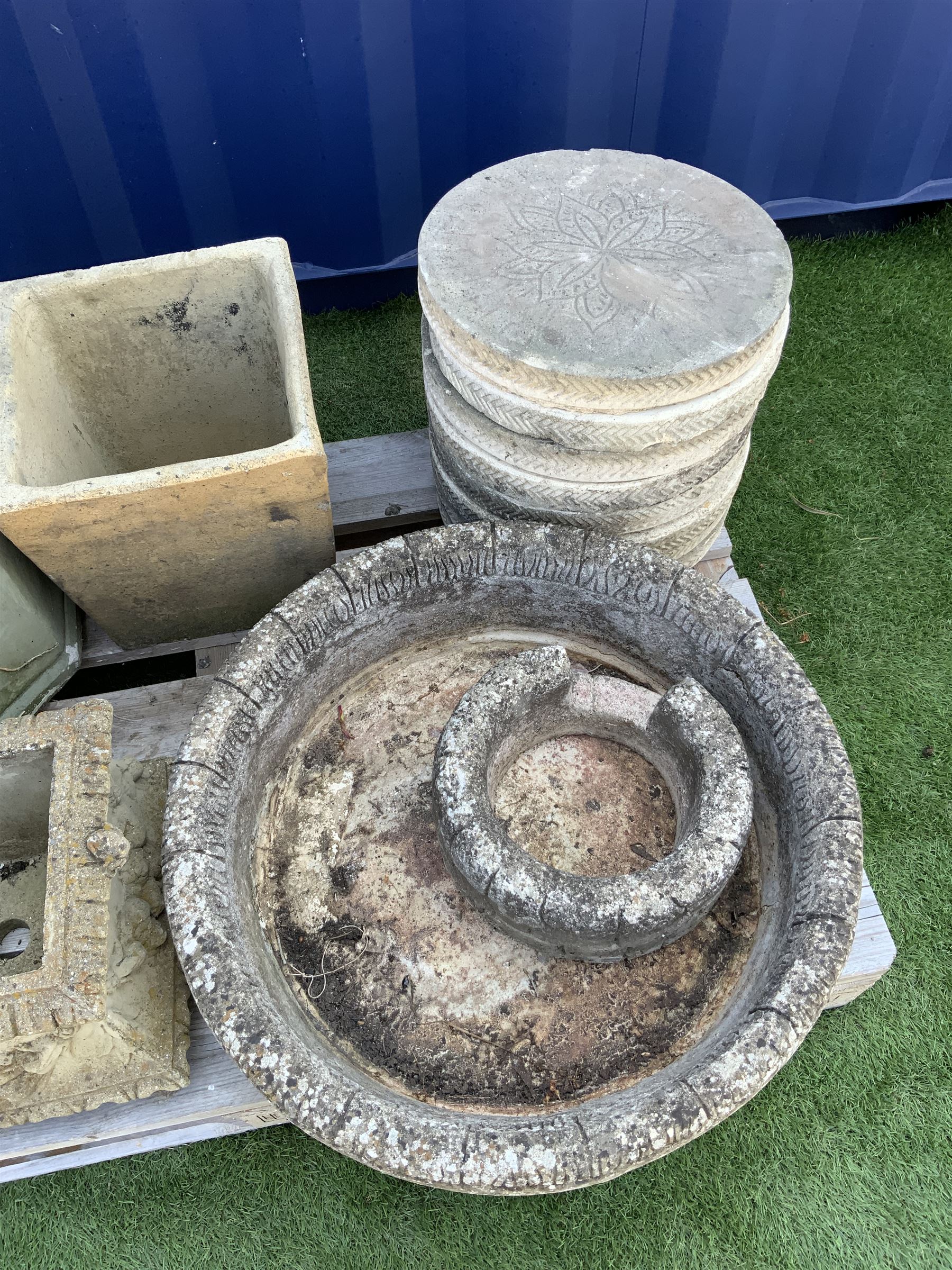 Composite stone rectangular planter, decorated with fruit swags (W54cm), circular composite planter, eight circular composite stepping/pathway stones, Corinthian type plinth, etc. - THIS LOT IS TO BE COLLECTED BY APPOINTMENT FROM DUGGLEBY STORAGE, GREAT HILL, EASTFIELD, SCARBOROUGH, YO11 3TX