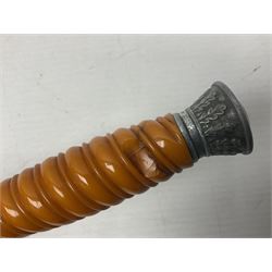 Late WW2 German Army Officers dress dagger, with unmarked 25cm double edged steel blade, orange celluloid grip, pommel and ferrule with oakleaves relief and cross guard with eagle; in original beaded scabbard with two hanging rings L39.5cm overall