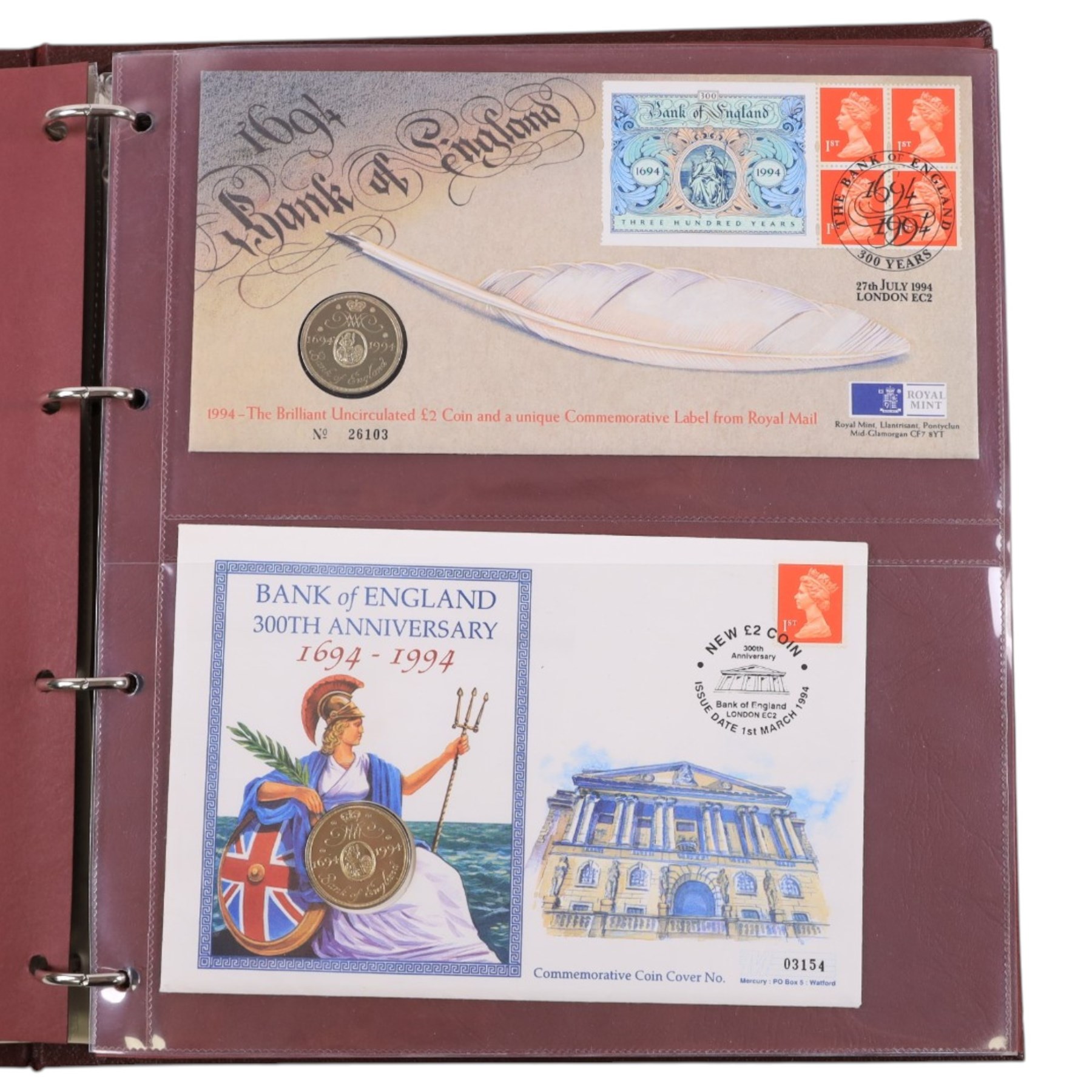 Coin and medallic covers, including 1984 first day issue Scottish one pound coin, 1999 Rugby World Cup with two pound coin, other one pound and two pound coin covers, various Royalty commemorative coin covers etc and various commemorative stamp, housed in five folders