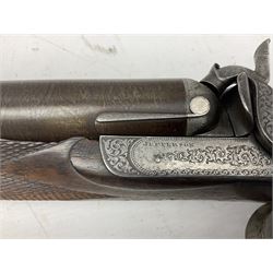 19th century John Jefferson of Scarborough 6-bore (modern 4-bore) double barrel side-by-side percussion gun, with 81cm stub twist damascus barrels (no provision for ramrod), well figured walnut stock with fine chequered grip and fore-end with horn tip and steel butt plate with long tang, well engraved lock and hammers with half-cock safeties on both sides, barrel sling swivel but rear sling swivel removed and replaced with silver escutcheon, London proofmarks, NVN, L128cm