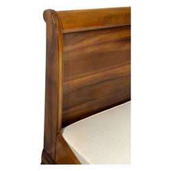 French cherry wood 6' Super King sleigh bed, curved headboard and footboard with panelled detailing, complete with supportive hardwood box base upholstered in a light-textured fabric, raised on bracket feet