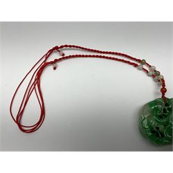 Chinese hardstone carving of a fish amongst coral, with platted rope handle, together with other hardstone and soft stone carvings  