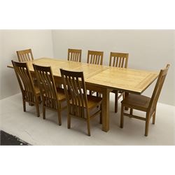 Large oak dining, rectangular extending top with two additional leaves, on square support (H78cm, 100cm x 190cm - L275cm (extended)), and set eight oak dining chairs
