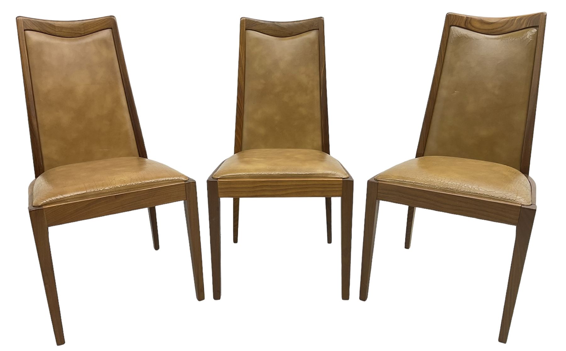 G-Plan - set of six mid-20th century teak 'Fresco' dining chairs, high back and seat upholstered in tan faux leather, on square tapering supports