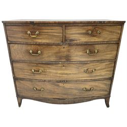 Early 19th century mahogany bow-front chest, fitted with two short over three long cock-beaded drawers, on splayed feet