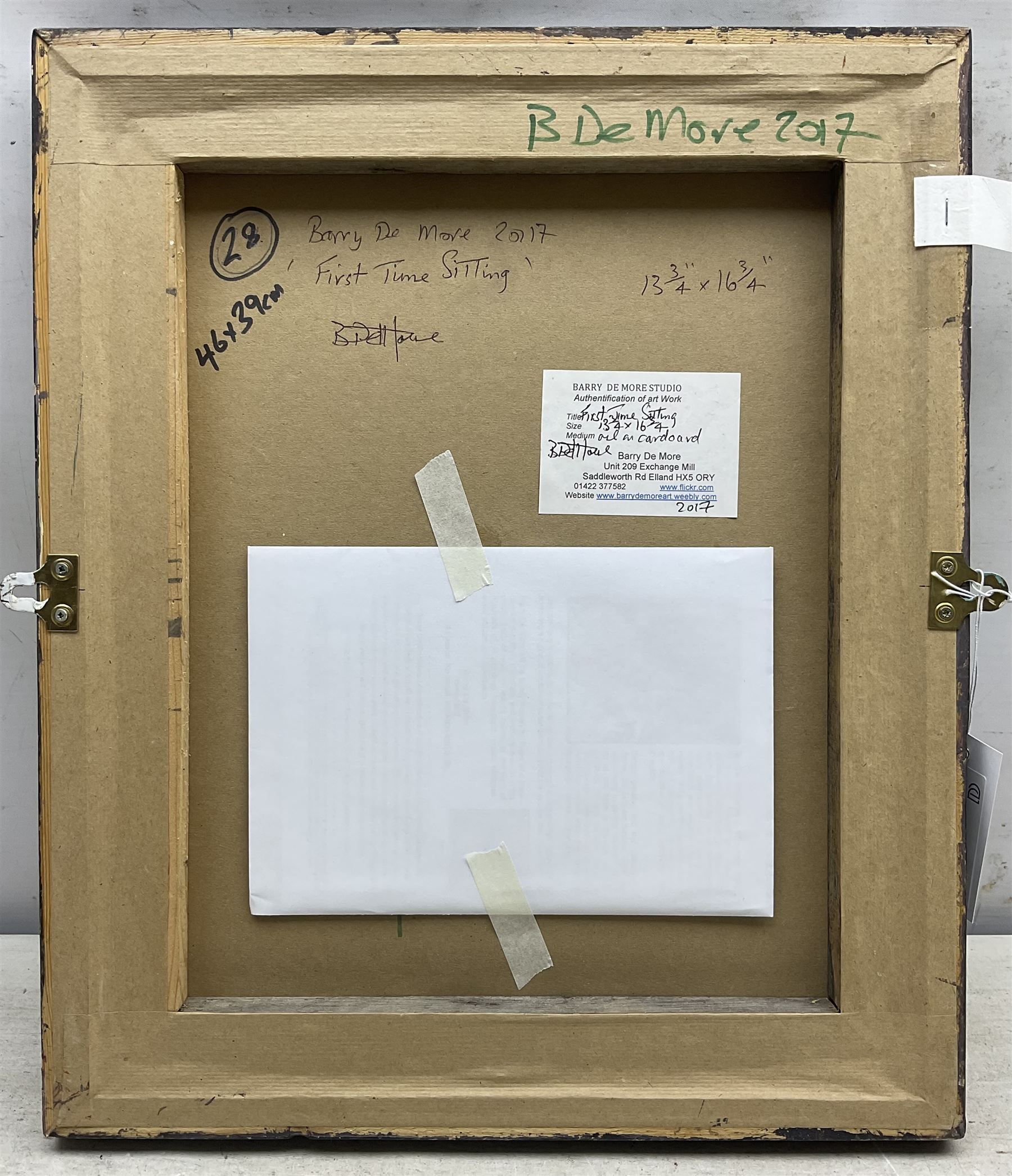 Barry De More (Northern British 1948-2023): 'First Time Sitting', oil impasto on cardboard, signed titled and dated 2017 verso 42cm x 34cm
Notes: Acclaimed as one of the North's greatest expressionist artists, Barry De More (1948-2023) used a heavy impasto style to transfer his love of Yorkshire landscapes, townscapes and people to canvas. His work sits comfortably in the company of work by Kossoff and Auerbach, selling to collectors in the UK and overseas. De More's work can be found in the permanent collection of work by Northern Artists at Dean Clough, one of the UK's largest contemporary art galleries.