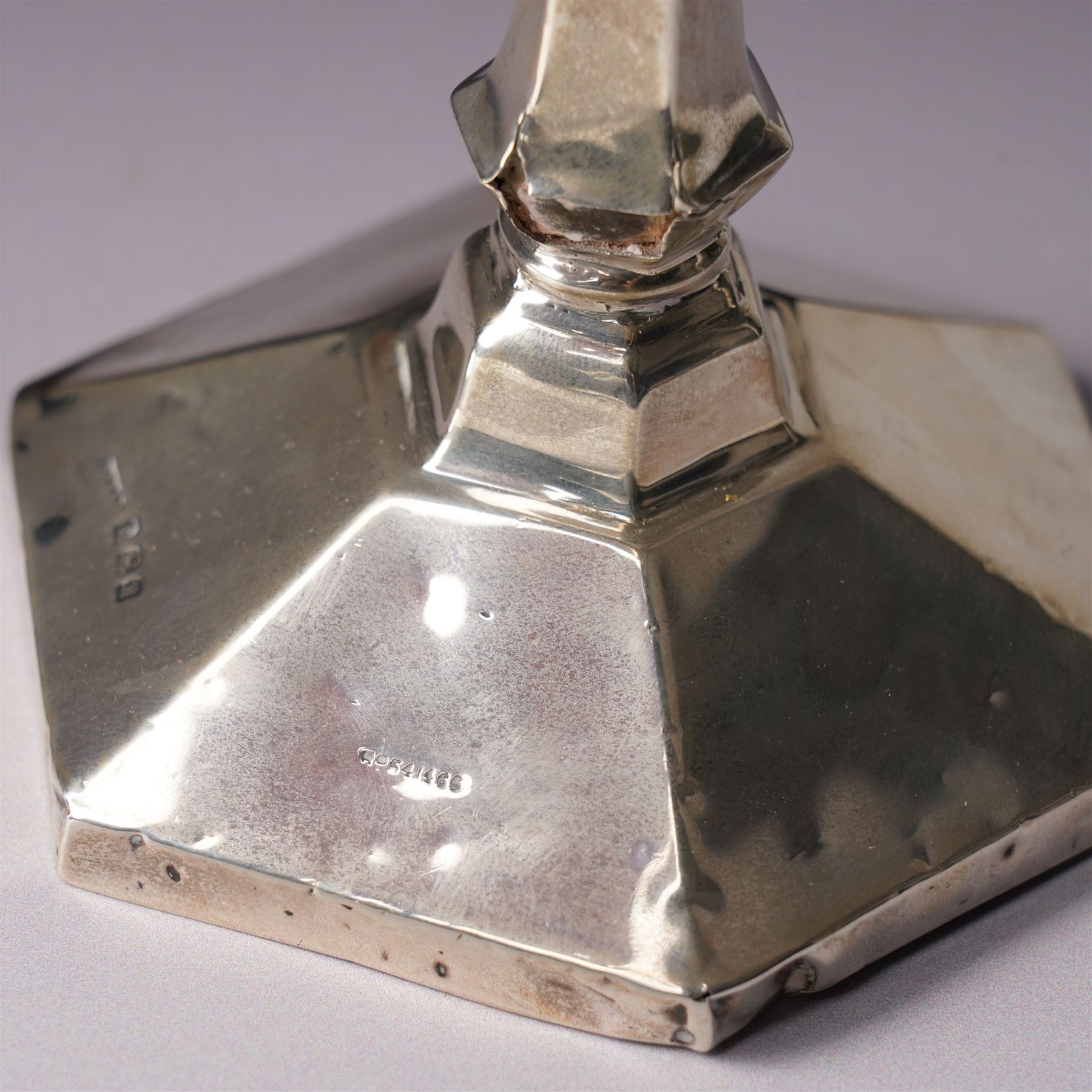 Pair of Art Deco design silver candlesticks with panel sided stems on hexagonal bases H15cm Birmingham 1923 Maker W G Sothers Ltd