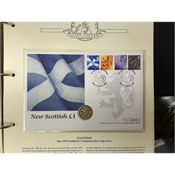 Eight coin covers including 2000 'Battle of Britian 60th Anniversary Flown Cover' containing Bailiwick of Guernsey fifty pence, 2001 '2ooth Anniversary of the United Kingdom' containing King George III 1806 penny etc, housed in a Westminster ring binder folder