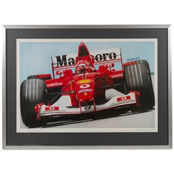 Four Formula 1 racing prints by Nik Curry, including a signed limited edition example, all within silver frames, H38cm, W59cm