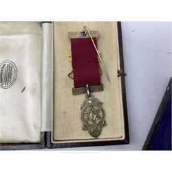 Group of predominantly Masonic Jewels of Office, to include silver, and silver gilt and enamel examples, mostly 1950's and 1960's in date, etc. 