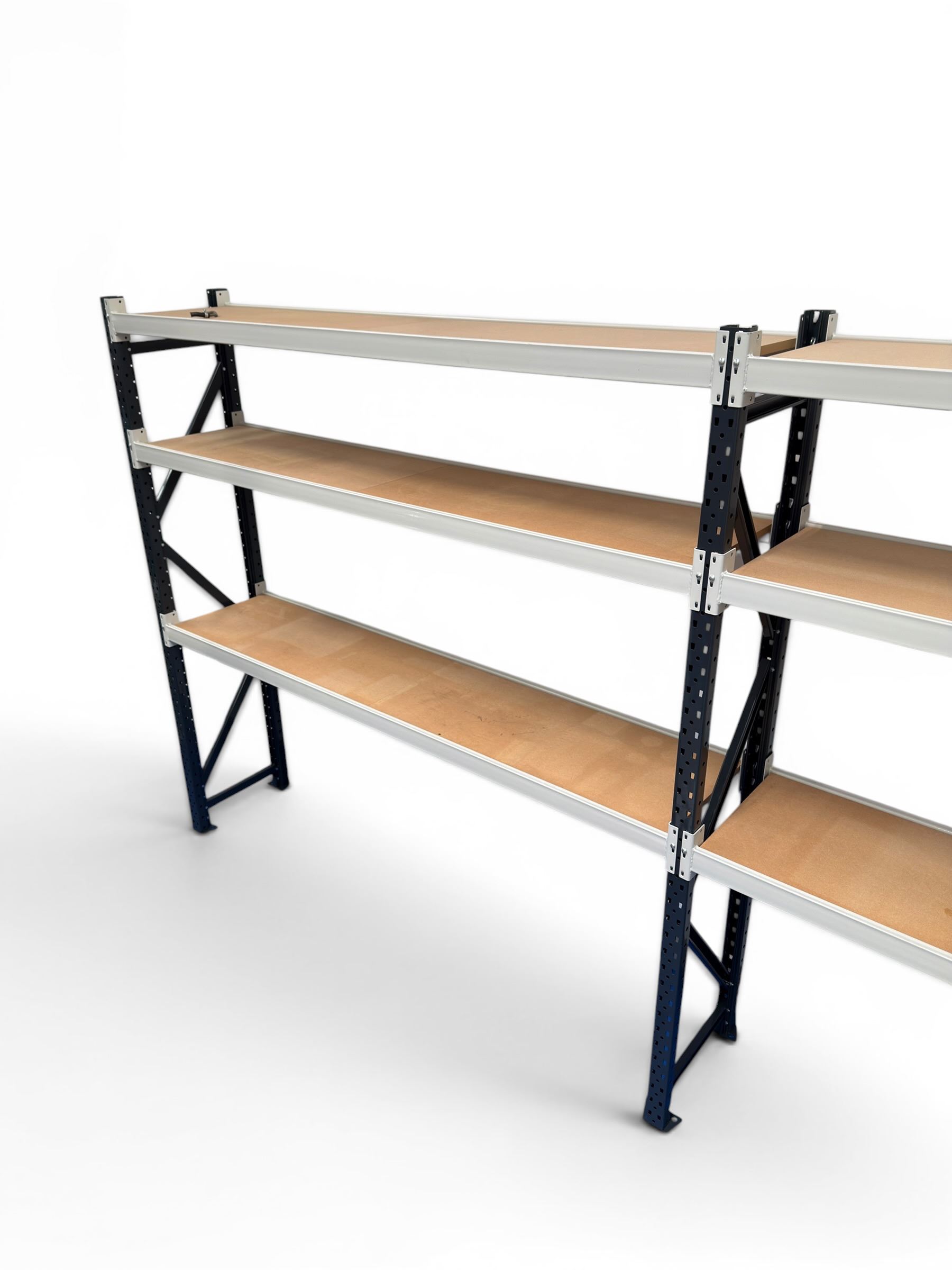 Two bays of Constructor warehouse racking with MDF boards